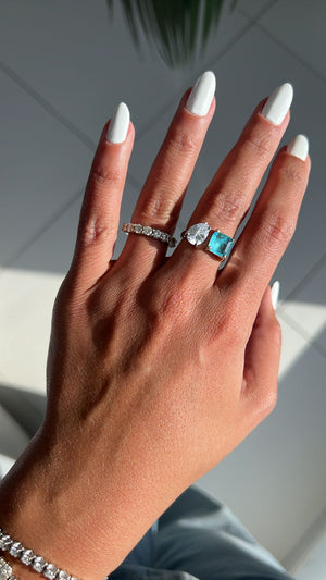 Square Paraiba & Clear Zirconia Pear Stone Open Ring